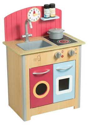 Produktbild von Teamson Kids Little Chef Porto Klassik Interaktive Holzspielküche mit Spüle und Backofen, Holz mit roter Rückwand