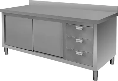 Zdjęcie produktu dla Gastronomiczny stół ze stali nierdzewnej przyścienny z szafką i blokiem 3 szuflad Mega-M 180x70x85 cm