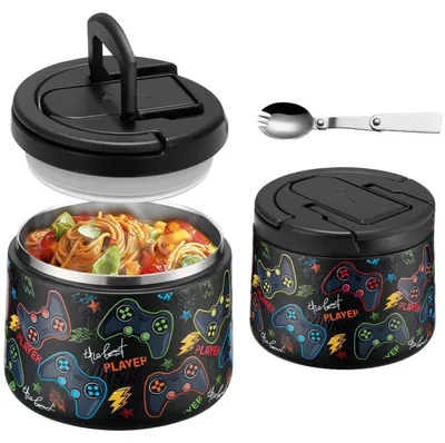 Produktbild von Thermobehälter für Essen 420ml Edelstahl mit Schnallendeckel und Löffel, auslaufsicher, schwarz