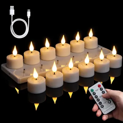 Produktbild von 12 wiederaufladbare LED-Teelichter mit Ladestation – Fernbedienung und Timer – Elektrische, wiederaufladbare Kerzen – Flackern – Warmweiß – Dimmbar
