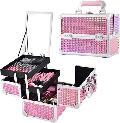 Image de Malette de maquillage - Valise trolley pour cosmétiques - Avec compartiments amovibles - Miroir et serrure - Boîte de maquillage portable pour voyage - 25,5 x 22 x 18,5 cm - Rose "Sirène"
