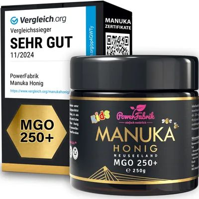 Produktbild von Manuka Honig Kinder | MGO 250+ | 250g | HALAL | Das ORIGINAL aus NEUSEELAND | Manuka Kids | PUR, ROH & | 100% natürlich | PowerFabrik