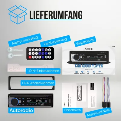 Image de Strex Strex Autoradio avec Bluetooth pour tous les véhicules - USB, AUX et mains libres - Télécommande - Autoradio 1-DIN avec microphone intégré
