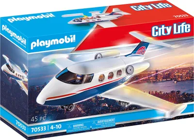 The image shows the packaging of a Playmobil City Life airplane playset, with the product prominently displayed on the box.