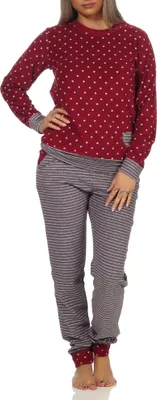 Produktbild von Damen Frottee Pyjama mit Bündchen im Herz Tupfen- und Ringeldesign  - auch in Übergrössen ; Tupfen rot , 60