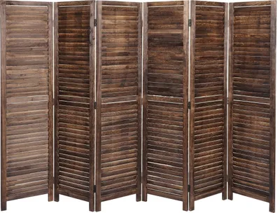 A room divider made of wooden panels with a slatted design, shown from the front.