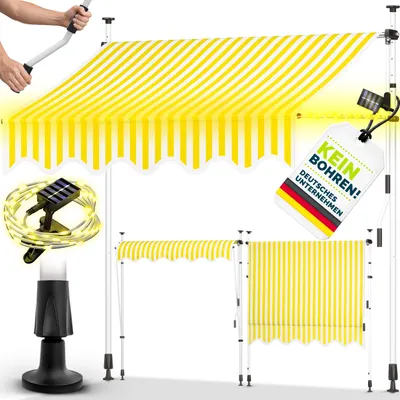 Produktbild von tillvex Klemmmarkise 400 cm Gelb/Weiß mit Solar LED mit Handkurbel Balkon | Balkonmarkise ohne Bohren | Markise UV-beständig & höhenverstellbar | Sonnenschutz wasserdicht