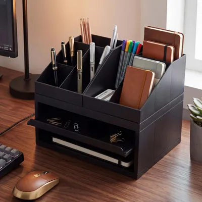 Produktbild von Schreibtisch Organizer MCW-Q74, Ordnungssystem 3-teilig Schubfach Tischablage Stifthalter Ablage, 29x35x26cm schwarz