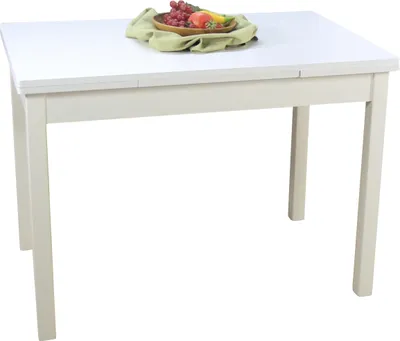 A white dining table with beige legs is shown against a white background. A small bowl of fruit rests on a green cloth on the table.