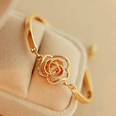 Produktbild von Frauen goldene Blume Kristall Rose Armreif Manschette Kette Armband schickes Schmuckgeschenk
