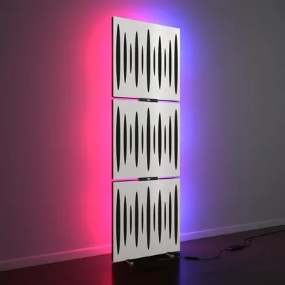 Immagine prodotto di Confezione da 3 – Pannelli acustici «PULSAR» con lampada da terra a luce RGB | Supporto acustico mobile a LED con retroilluminazione | 150x50x5 cm | Bianco