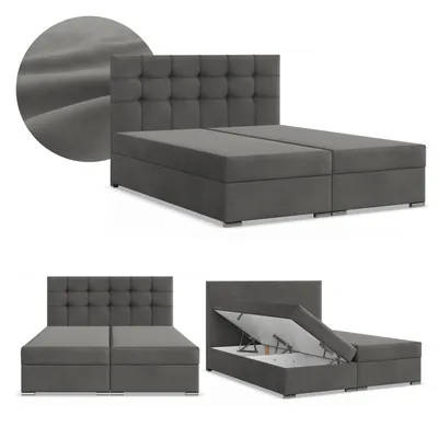 Produktbild von Boxspringbett 140x200 mit 2 Bettkästen, Kontinentales Bett mit Bonell Matratze, Doppelbett mit Kopfteil, Samtstoff Grau, Dunkelgrau ELDA 140 x 200