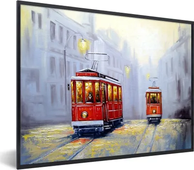 Produktbild von MuchoWow® Gerahmtes Poster Gemälde - Straßenbahn - Stadt - Öl 80x60 cm - Poster mit Schwarzem Bilderrahmen Wandposter Rahmen Foto Bilder - Schwarzem - Mit Gestell