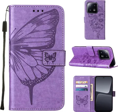 Produktbild von Lederhülle für Xiaomi 13 Pro Schmetterling Prägung Flip Ledertasche Kartenfächer Handyhülle mit Ständer Violett