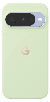 A light green phone case with a camera bump and a Google logo.