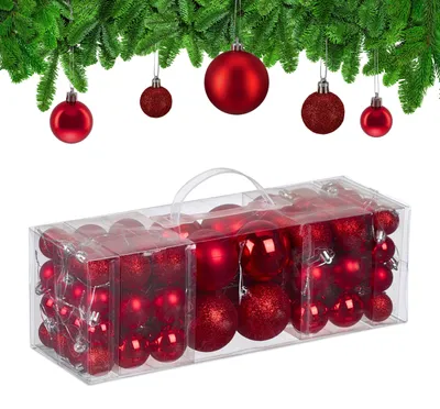 Weihnachtskugeln Set 76er, Kunststoff, glitzernd, rot
