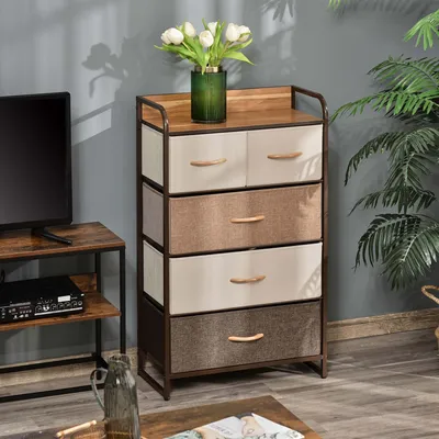 Produktbild von Sweiko Kommode mit 5 faltbaren Stoffschubladen, Ablage, stabiler Stahlrahmen, 58 x 29 x 99 cm