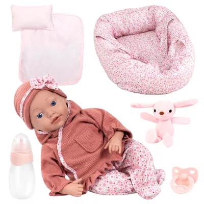 Produktbild von Bayer Design 93827AP Reborn Babypuppe, 38 cm, realistisch, lebensecht, mit Flasche, Schnuller, Decke, Kissen, Hase, Kuscheltasche