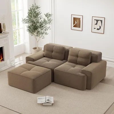 Image de Canapé modulaire Boneless, canapé modulaire moderne en forme de L avec assise profonde, canapé confortable Corduroy Cloud avec ottoman, canapé-lit deux places tufté, marron