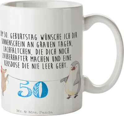 Produktbild von Mr. & Mrs. Panda Kaffeetasse 50. Geburtstag Maus Pinguin - Weiß - Geschenk, Teetasse, Party, Keramiktasse, Torte, Happy Birthday, Kuchen, Tasse mit Spruch, Kaffeebecher