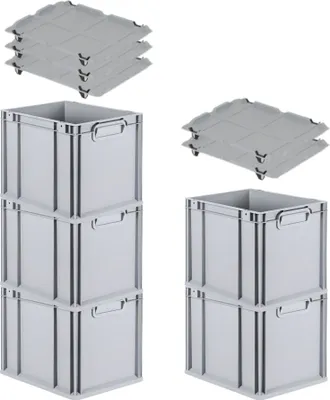 Produktbild von SparSet 5x Eurobox NextGen Economy mit Auflagedeckel und 4x Schiebeschnappverschlüsse Schwarz | Griffe geschlossen | HxBxT 32x30x40cm | 30 Liter | Eurobehälter, Transportbox, Transportbehälter, Stapelbehälter