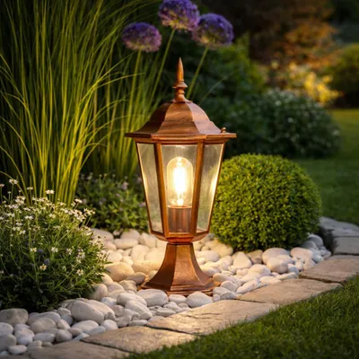 Produktbild von LUMILED Wegeleuchte Vintage Außenleuchte 230V 38 cm Laterne Sockellampe Aluminium Patina Glas spritzwasserdicht IP44 E27 Fassung Outdoor Garten