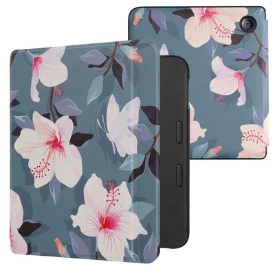 Produktbild von kwmobile Schutzhülle für Tolino Vision 6 Hülle - eReader Flip Case mit Auto Sleep Funktion - Weiß-Rosa Fuchsien-Blüten mit Weiß Rosa Violett
