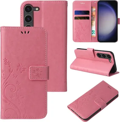Produktbild von Handyhülle für Samsung Galaxy S23 Floral Blumen Schmetterling Flip Cover Hülle Case Klapphülle Handytasche Farbe: Rosegold