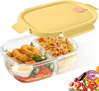 Produktbild von Lunchbox 900 ml, 3 Fächer, Glas, ausfallsicher, für unterwegs