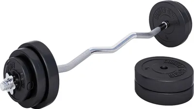 A weightlifting barbell set with weight plates.