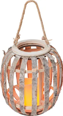 Produktbild von LED Laterne aus Birken-Holz mit LED Kerze, hängend oder stehend, Flammeneffekt, inkl. Seil zum Aufhängen, batteriebetrieben