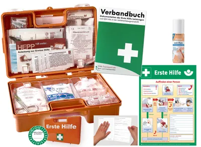 Produktbild von Verbandskoffer (K) Typ S - INKL. 90° ARRETIERUNG -Paket 2- Erste Hilfe - akt. DIN 13157 für Betriebe INKL. PERF. VERBANDBUCH + Sprühpflaster + Aushang
