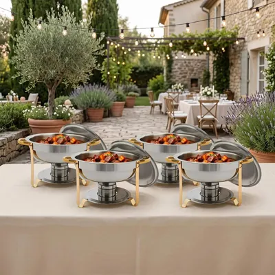 Produktbild von 4-teiliges Chafing-Dish-Buffetset - 4,5 l - Runder Speisenwärmer aus Edelstahl - Brennstoffhalter - Warmhaltefunktion - Silber und Gold