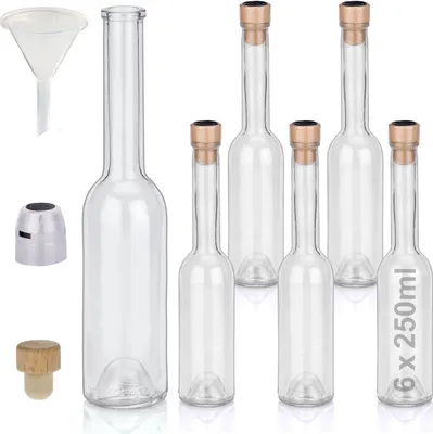 Produktbild von Flaschen Set 6 x 250ml hochwertige Glasflaschen leer mit Korken Schrumpfkapseln & 1 Trichter zum selbst Befüllen mit Gin Whisky Schnaps Likör Essig Öl günstige Flaschen Ginflaschen Whiskyflaschen