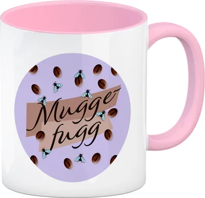Produktbild von Muggefugg Malzkaffee Kaffeebecher in rosa mit Kaffeebohnen und Fliegen lila
