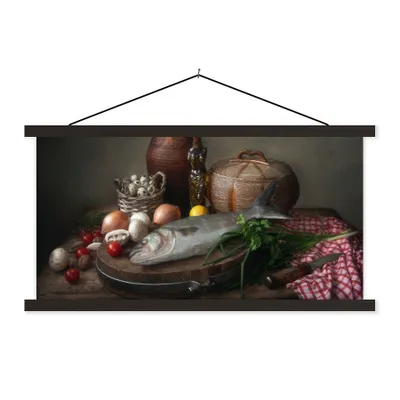 Produktbild von MuchoWow® Textilposter Rustikal - Fisch - Stilleben - Gemüse - Kräuter 90x45 cm mit schwarzem Rahmen - Klemmleisten