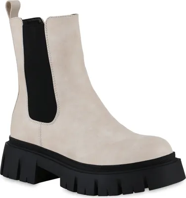 A single beige boot with a black sole and black elastic side panels is shown against a white background.