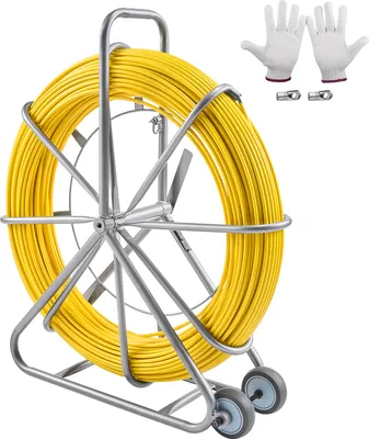 A yellow duct rodder on a silver reel with wheels, along with a pair of white gloves and two metal connectors.