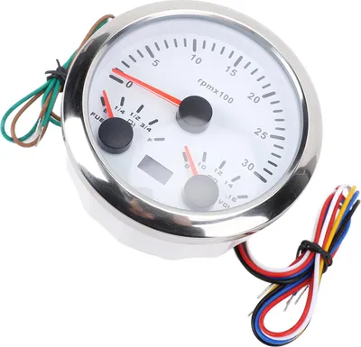 Obrázek produktu pro 85 mm otáčkoměr 3 v 1, 3000 ot/min, otáčkoměr, voltmetr 8 až 16 V, 7 barevné podsvícení, E-1/4-1/2-3/4-F, ukazatel stavu paliva pro obytné vozy, jachty, nákladní automobily, bílý číselník, stříbrný rámeček CX8292
