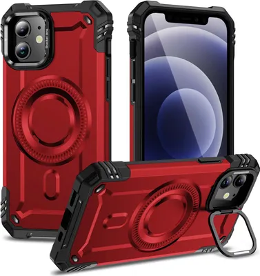 Obrázek produktu pro Magnetické pouzdro pro iPhone 12/iPhone 12 Pro, robustní vojenské ochranné pouzdro s kamerovým kroužkem stojánkem Červený