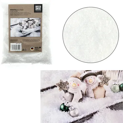 A collage of product packaging, a close-up of artificial snow, and a lifestyle shot of snow decorations.