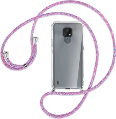 Produktbild von Handykette Backcover-Schutzhülle mit Band (Metall silberfarben) für Motorola Moto E7 - lila/rosa/blau