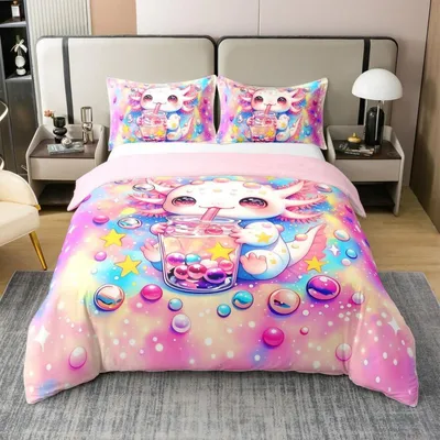 Produktbild von Bettwäscheset 200x200 cm 100% Baumwolle Axolotl Ombre Regenbogen Rosa Lila Blau