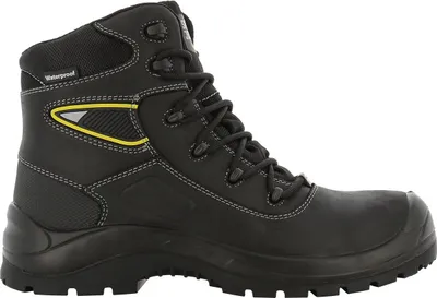 A black safety boot is shown against a white background.