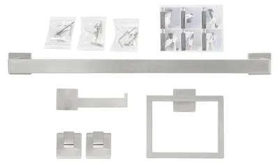 Image de Accessoires de salle de bain - Ensemble mural 5 pièces - Étagère de salle de bain de 60 cm - Acier inoxydable - Porte-serviettes et anneau à serviettes - Porte-rouleau de papier toilette et crochets - Argenté