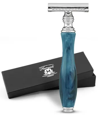 Produktbild von Nassrasierer Doppelschneidiger Rasierhobel für Damen und Herren, Holzgriff, Blau Pack, Rutschfester, verstellbarer Nassrasierer aus hochwertigem 11 cm