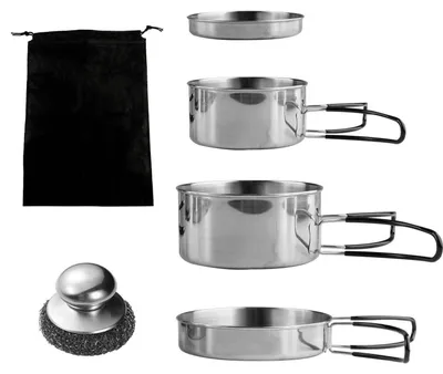Obrázok produktu pre Sada hrncov na kemping, 9-dielna, z nehrdzavejúcej ocele, pre 2-3 osoby, skladacia, vhodná na outdoorové aktivity, pikniky a turistiku