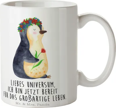 Produktbild von Mr. & Mrs. Panda Kaffeetasse Pinguin Blumen - Weiß - Geschenk, Universum, Geschenkidee, Teetasse, Kaffeebecher, Tasse, Wünsche, Trinkbecher, Positiv, Motivation, Pott