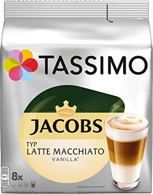 A package of TASSIMO Jacobs Typ Latte Macchiato Vanilla coffee pods.