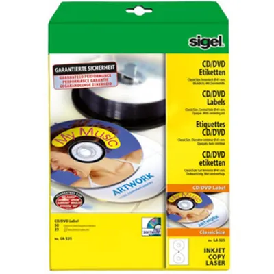 Produktbild von SIGEL LA525 CD-/DVD-Etiketten, weiß, mit Zentrierhilfe, Ø 117 mm (A4), 41 mm Innenloch, 50 Et.=25 BL